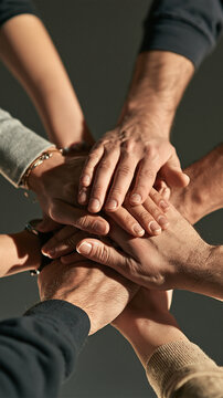 Hands in Unity: A close-up shot captures a diverse group of people demonstrating solidarity and teamwork by interlocking their hands in a powerful symbol of unity and collaboration.