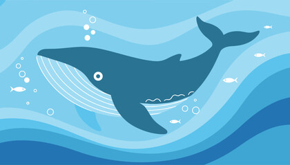 Naklejka premium Large blue whale swimming peacefully underwater surrounded by tiny fish, air bubbles, and wavy ocean water layers.