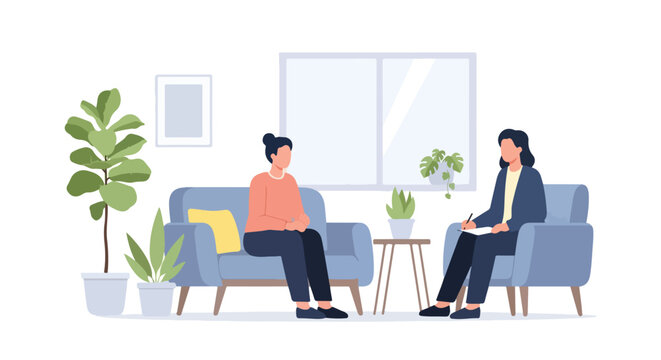 A woman sits on a sofa discussing her problems during a therapy session with a female psychologist holding a clipboard.