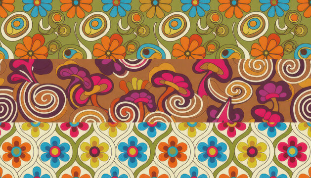 Retro psychedelic floral and mushroom patterns seamless.