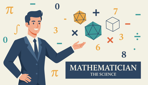 Professional young mathematician in a suit presenting abstract geometric three-dimensional shapes, numbers, and mathematical symbols.