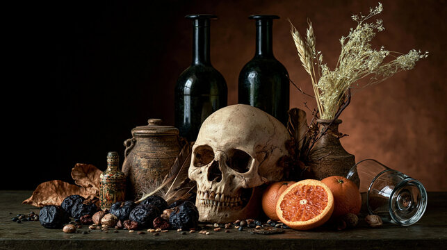 Vanitas Still Life: A stark vanitas still life composition featuring a human skull, withered botanical elements, dried fruit, and antique vessels.