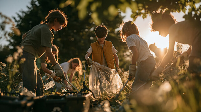 Young Eco-Warriors: A group of diverse children actively participates in a community cleanup, collecting litter in a sun-drenched park.