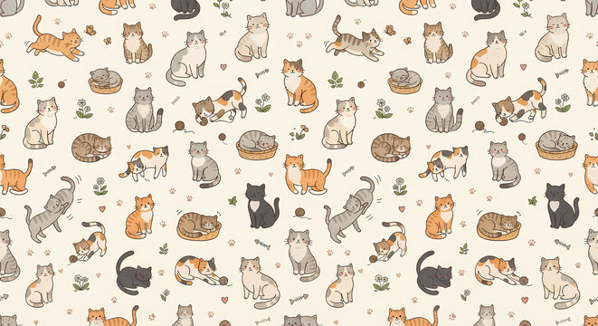Seamless pattern with cute little cats, kittens, paws, and toys. Kids vector background illustration.