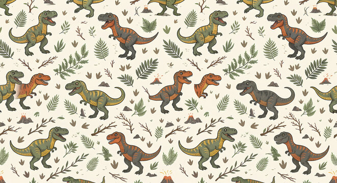 Seamless pattern with cute T-Rex dinosaurs, prehistoric tropical leaves, and footprints. Kids vector background illustration.