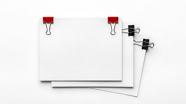 Blank white paper sheets with binder clips on white background.