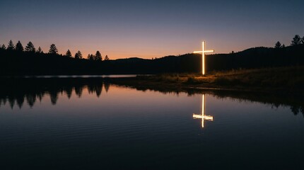 Naklejka premium Glowing Christian Cross Illuminated at Dusk Reflected in Calm Lake Water with Silhouetted Trees and Hills