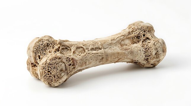 Isolated close up of a single dried animal bone on a white background.