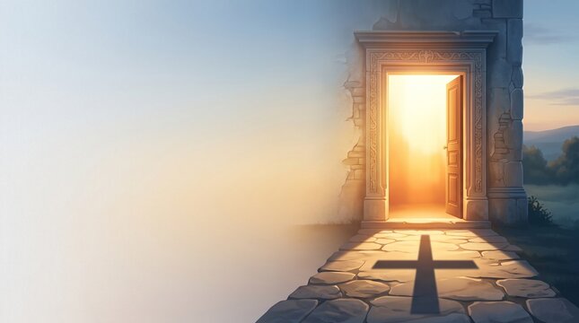 Ancient stone doorway opens to bright golden light casting a cross shadow on cobblestone path