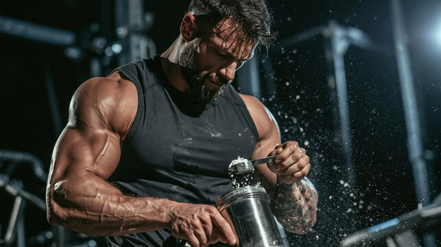Intense Pre-Workout Ritual: A muscular, bearded man in a gym prepares a pre-workout shake, with powder splashing around him.
