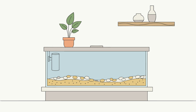 Modern empty aquarium setup with sand, stones, and a water filter system placed inside a beautifully decorated room.