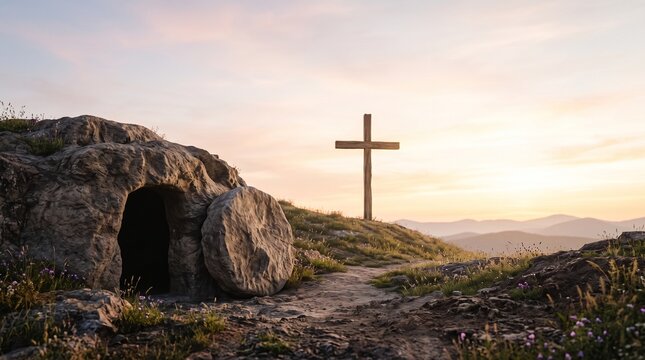 Empty tomb and wooden cross on a grassy hill at sunrise symbolizing resurrection and new beginnings