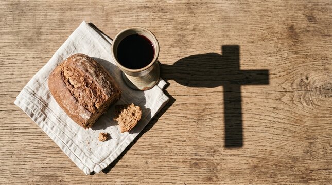 Communion bread and wine casting a cross shadow on a rustic wooden table symbolizing faith and spirituality