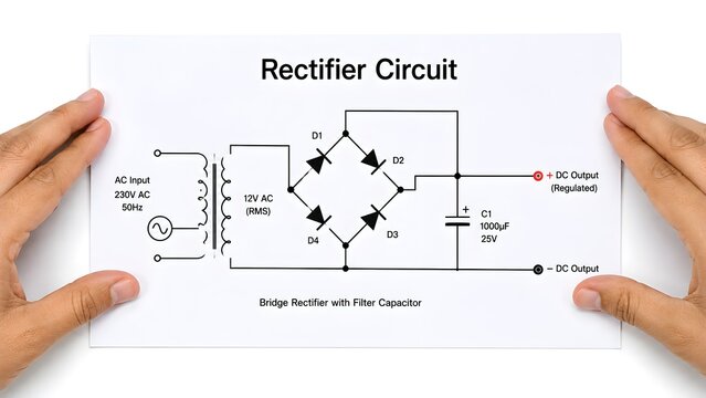 Bridge Rectifier Circuit Diagram with Transformer, Diodes and Filter Capacitor for AC to DC Conversion