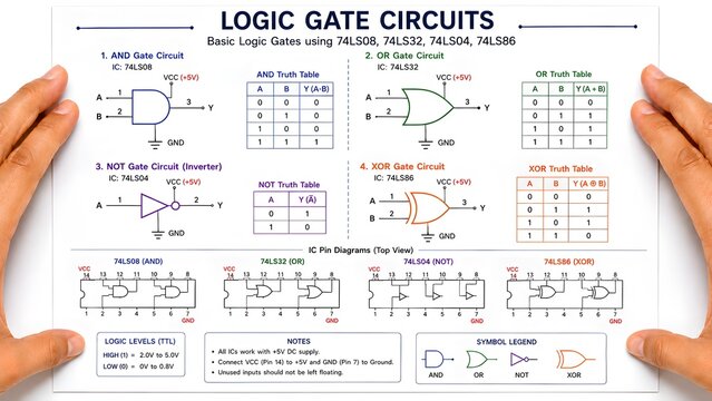 Digital Logic Gate Circuit Diagrams with AND OR NOT XOR Gates and TTL Truth Tables