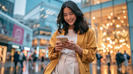Obraz premium Urban Commuter: A young woman smiles as she navigates a busy city street, engrossed in her smartphone, embodying modern urban life.