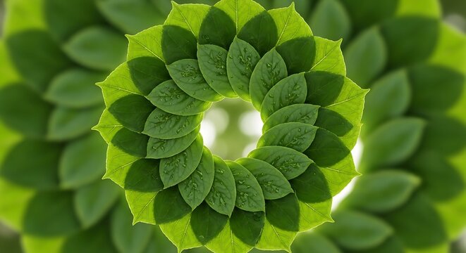 Abstract circular pattern created with fresh green leaves circular botanical