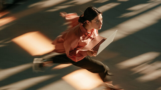 Urgent Delivery: A woman in a peach blouse and dark pants rushes forward, carrying documents, her dynamic movement creating motion blur that emphasizes her speed and determination.