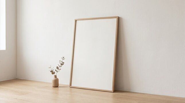 Minimalist interior scene with a blank wooden frame leaning against a white wall and a small vase with eucalyptus branches