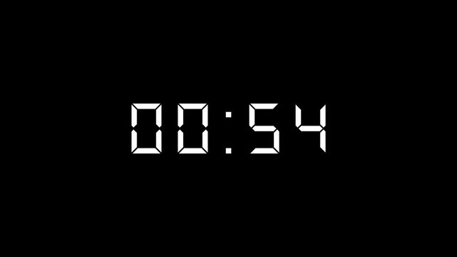 60s to 0s Countdown Timer,  white Numbers on black Background animation with alpha