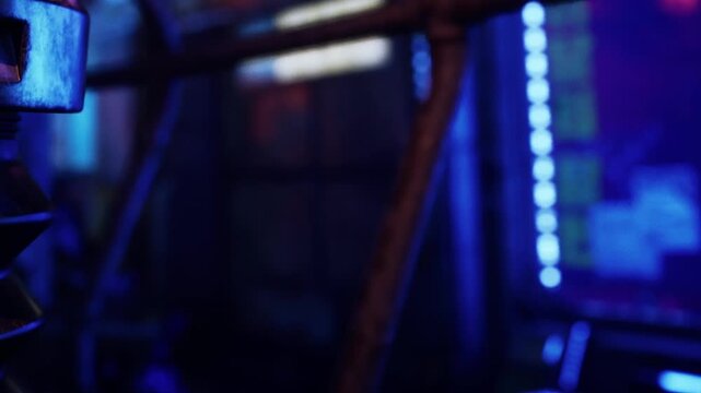 In a dimly lit room, colorful lights create a vibrant scene. Various structures and equipment are visible, highlighting the modern design. The atmosphere feels energetic and alive.