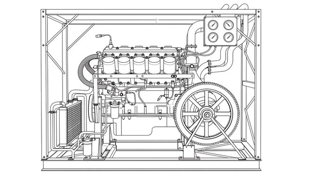 Detailed engine technical drawing white background.