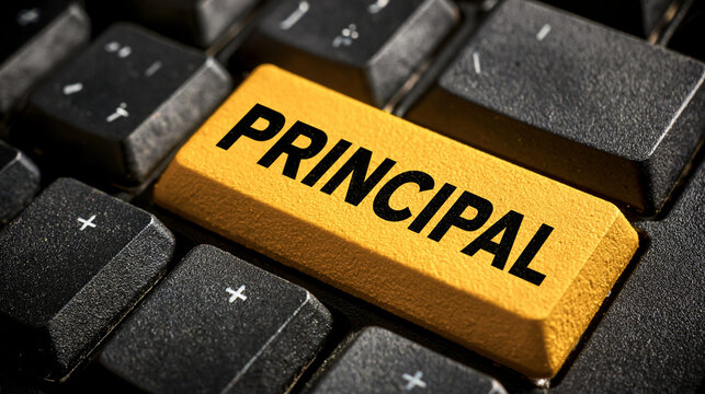 Close-up of a PRINCIPAL Key on a Keyboard: A vibrant yellow key labeled PRINCIPAL stands out on a black computer keyboard, symbolizing leadership, authority.