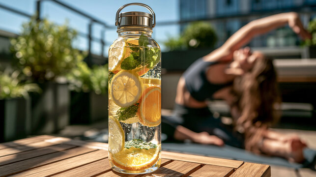 Hydration Infusion: A clear glass bottle filled with refreshing water, infused with slices of lemon, orange, and fresh mint leaves, sits on a wooden table. In the blurred background.