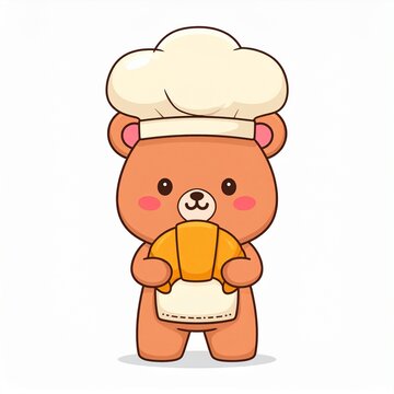 Cute cartoon bear wearing a chef hat and apron holding a fresh croissant bakery vector illustration