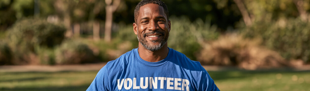 Volunteer with a Smile: A smiling man wearing a blue t-shirt with the word Volunteer emblazoned across it stands outdoors with a blurred background of trees, embodying the spirit of giving back.
