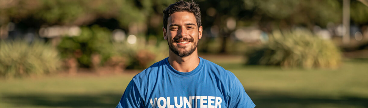 Volunteer Spirit: A smiling man wearing a blue t-shirt with the word VOLUNTEER clearly visible stands outdoors in a park-like setting, conveying a sense of community and helpfulness.