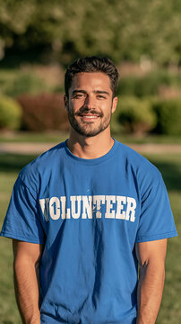 Volunteer's Smile: A young man with a warm smile wears a blue t-shirt with the word VOLUNTEER boldly printed on it, standing outdoors with a blurred natural background.