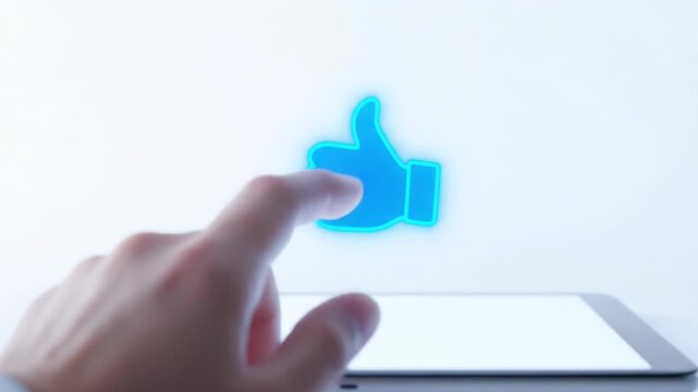 Digital interface human finger touching glowing approval symbol key performance indicator for positive social media feedback and tablet interaction