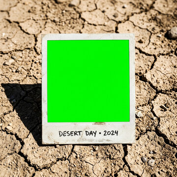Creative Mockup Instant Photo Frame Green Screen On Cracked Desert Ground