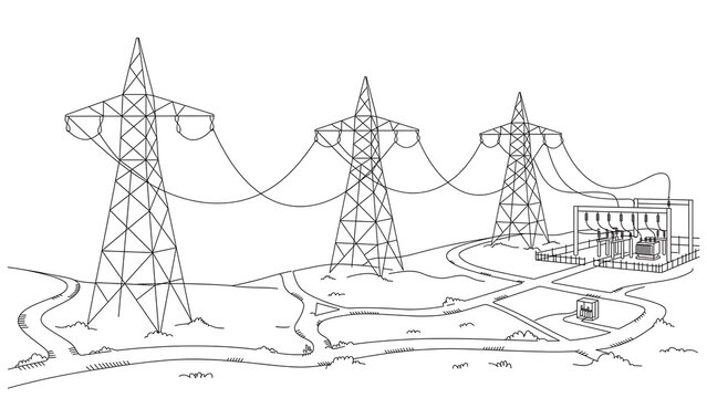 Electric power lines and substation white background.
