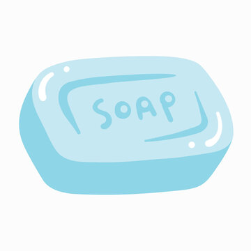 A rectangular bar of light blue soap engraved with the word "SOAP" on top, set against a white background.