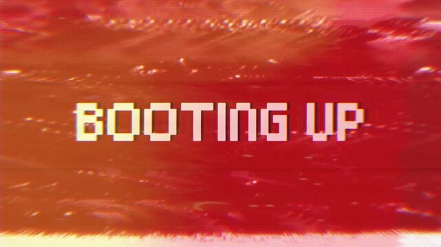 Booting Up text animation with retro digital glitch effects on a red background, ideal for technology, gaming, software, startup, loading, and cyber-themed projects.