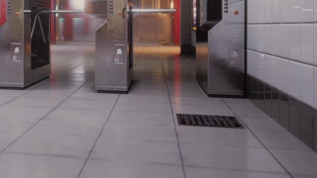 Turnstiles are seen at a subway station in a busy city. People pass through to catch trains. The floor is tiled and well lit. The area has a modern design with metal elements.