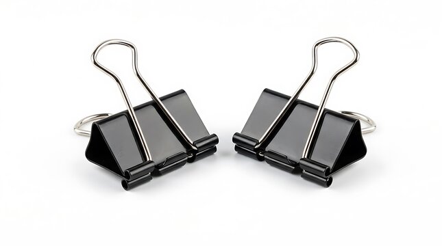 Two black metal binder clips isolated on white background.