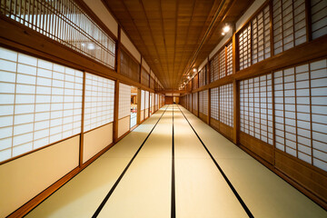 Traditional tatami room with sliding doors and symmetrical interior at Saga, Japan
