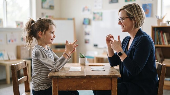 Teacher teaching sign language to a young student in a classroom