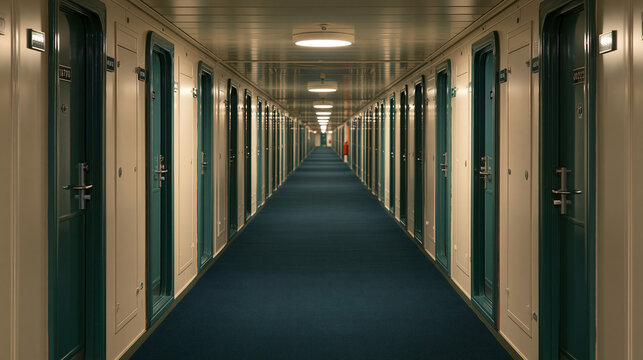 Endless Corridor of Doors: A long, symmetrical hallway stretches into the distance, lined with identical doors on either side, creating a sense of infinite possibility or disorienting repetition.