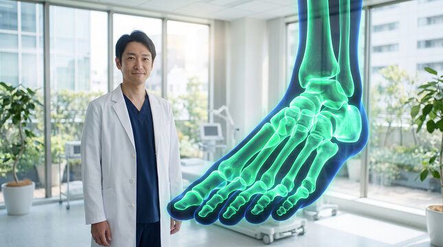 Asian male doctor smiling in a modern clinic next to a futuristic green holographic 3D X-ray projection of human foot and ankle bones