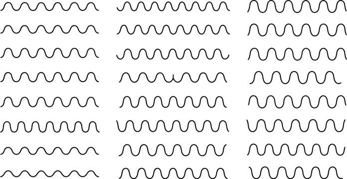 Wavy line variations collection with abstract wave patterns, flowing curves, minimalist strokes and modern decorative elements