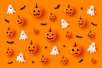 Obraz premium A flat lay Halloween greeting card featuring orange pumpkins, bats, spiders, and ghosts on an eerie background.