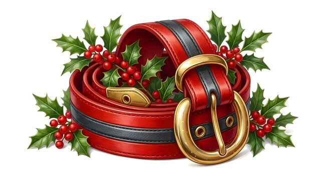 Festive red and black leather belt with gold buckle adorned with holly leaves and berries isolated on white background