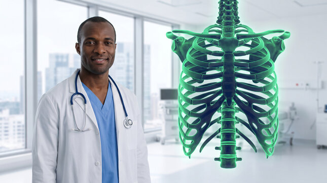 Smiling Black male medical doctor standing in hospital clinic next to three dimensional green hologram of human skeletal rib cage anatomy
