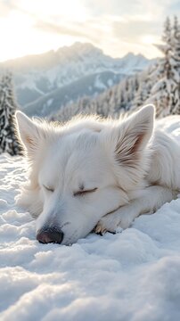 White dog resting in snow, mountains in background