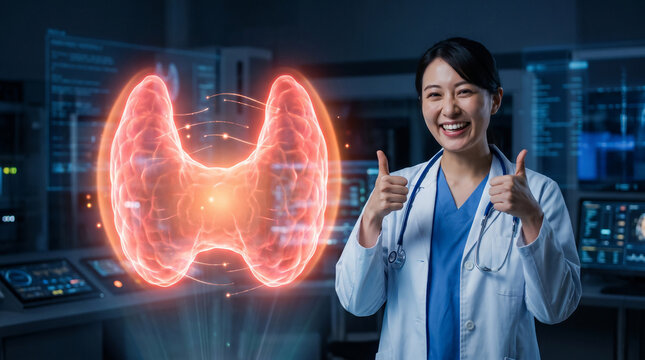 Surgeon giving thumbs-up beside glowing red holographic projection of human thyroid gland in futuristic high-tech medical research laboratory