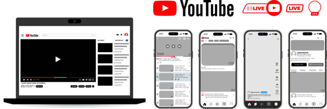 YouTube video interface mockups displayed on a laptop screen, various mobile phone layouts showing live streams and feeds, and social media elements representing the YouTube platform